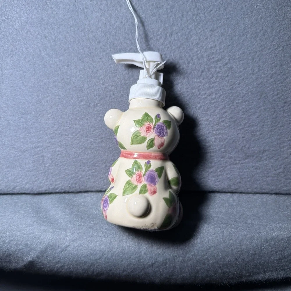Vintage Ceramic Teddy Bear Soap Dispenser Pump, Freestanding, Floral.